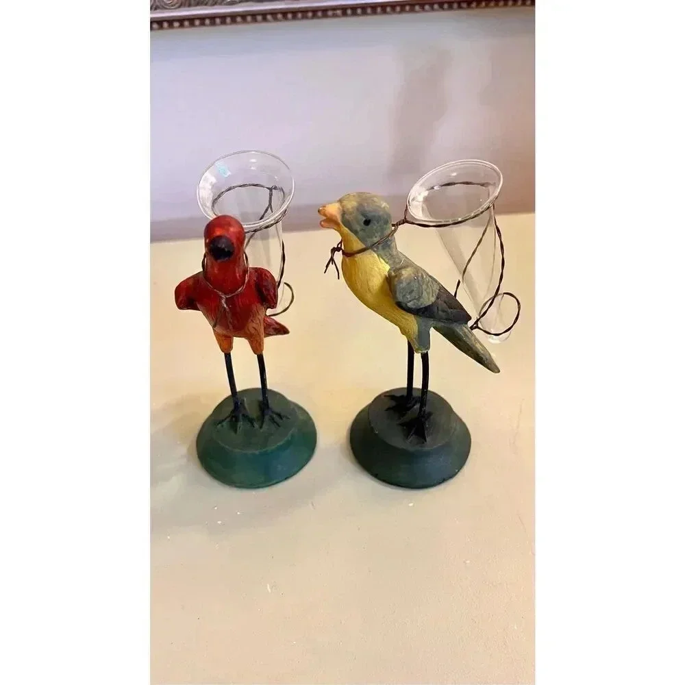Set of 2 Hand-painted Birds‎ Finch Decorative Vase Candle Holders